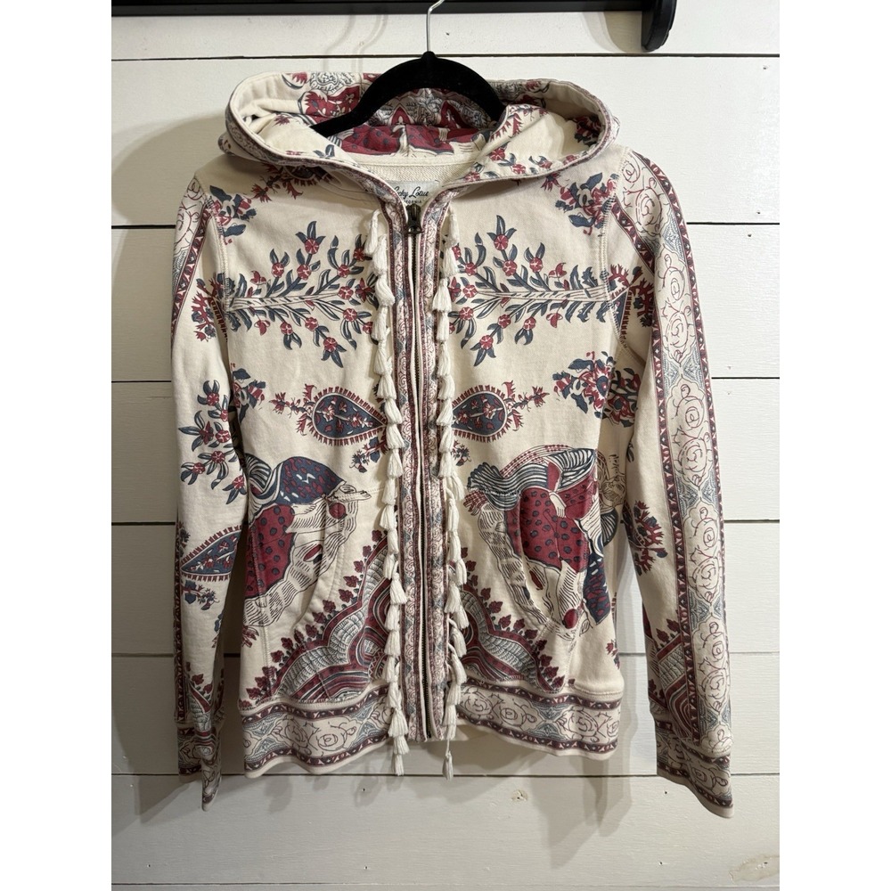 Y2K Lucky Brand Lucky Lotus Hoodie Medium Paisley Tassel Full Zip Boho Graphic